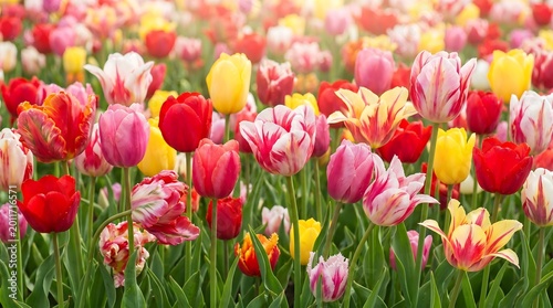 Vibrant field of tulips in various colors including pink, red, yellow, and white with green stems and leaves on a natural outdoor background
