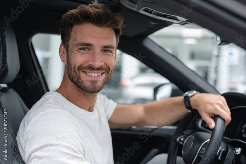 Man sitting in car driver seat smiling and holding steering wheel inside vehicle with modern interior and window background in dealership or showroom.