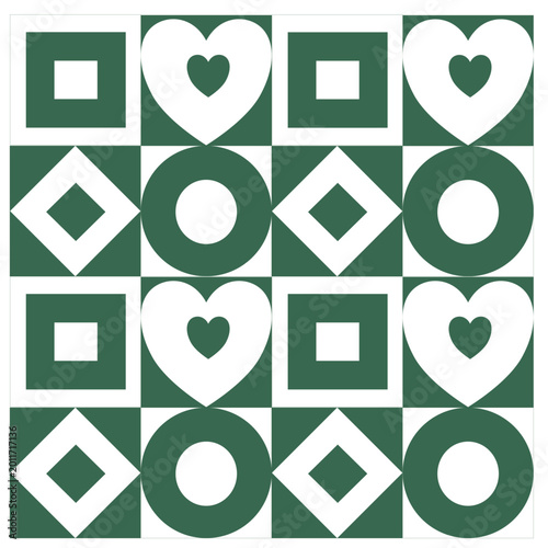 Seamless geometric pattern with hearts and shapes in green