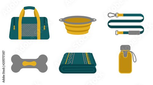 Photos Set of Essential Pet Travel Accessories and Supplies.