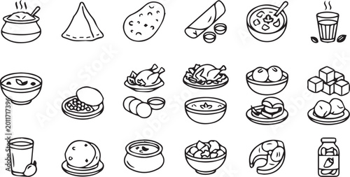 Indian Food Line Icons Set, Minimalist Black and White Vector Symbols for Restaurant Menu and UI UX Design