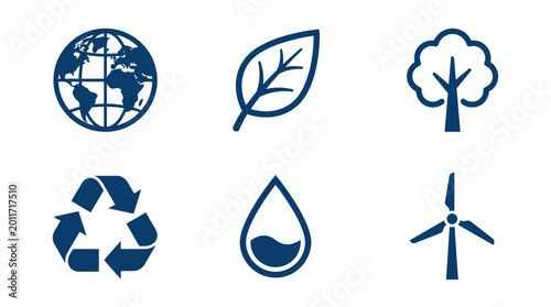 Collection of eco-friendly icons representing sustainability, nature, and renewable energy sources