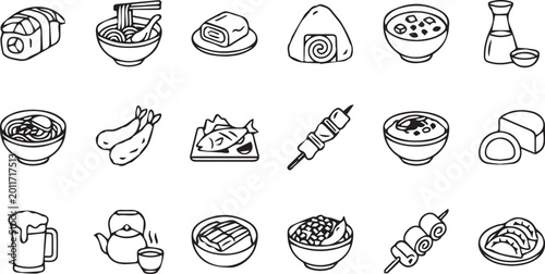 Bild auf Leinwand Japanese Cuisine Line Icons Set, Minimalist Black and White Vector Symbols for R
