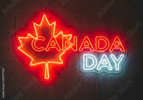Canada day neon sign with maple leaf