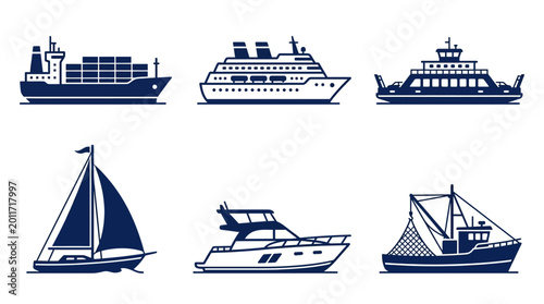 Fotografía Various types of ships including cargo, cruise, ferry, sailboat, yacht, and fish