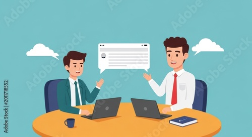 cartoon businessmen collaborating online at a table with laptops high quality professional