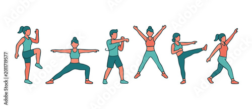 Billede på lærred People exercising set of fitness workout poses isolated on white background