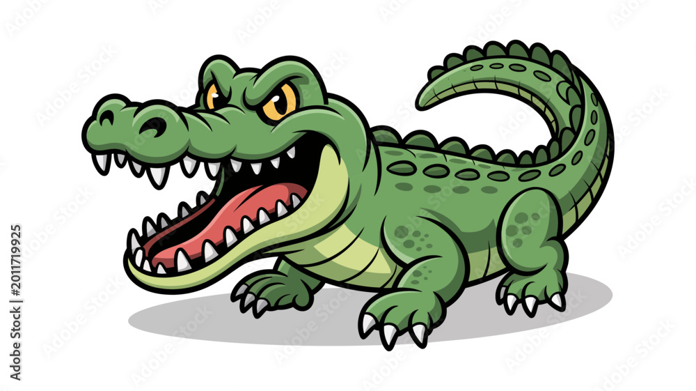 Fototapeta premium Fierce cartoon alligator mascot character showing sharp teeth and a grumpy expression on white background