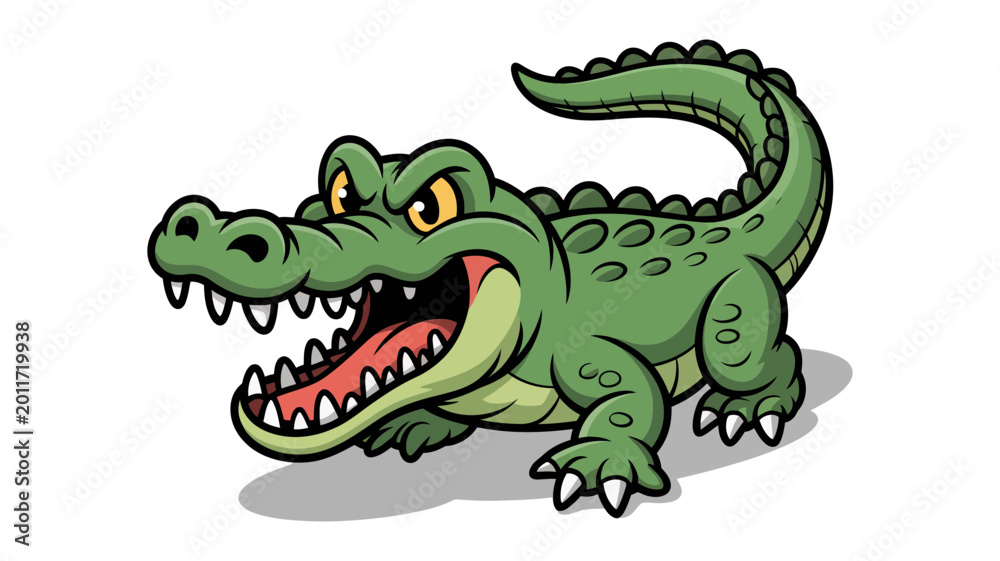 Fototapeta premium Angry cartoon crocodile mascot character with open mouth and sharp teeth in a bold vector illustration