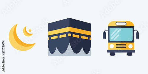 Islamic landmarks and travel bus flat vector illustration set.