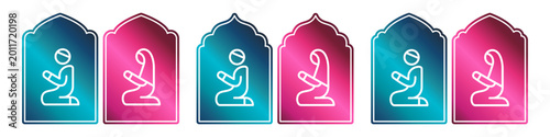 Foto Muslim prayer room icon set with male and female figures in decorative outline plaques