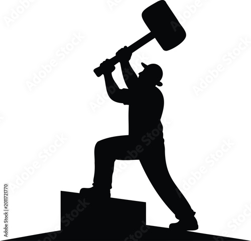 Foto Black silhouette of a man wearing a cap hitting a block with a large hammer