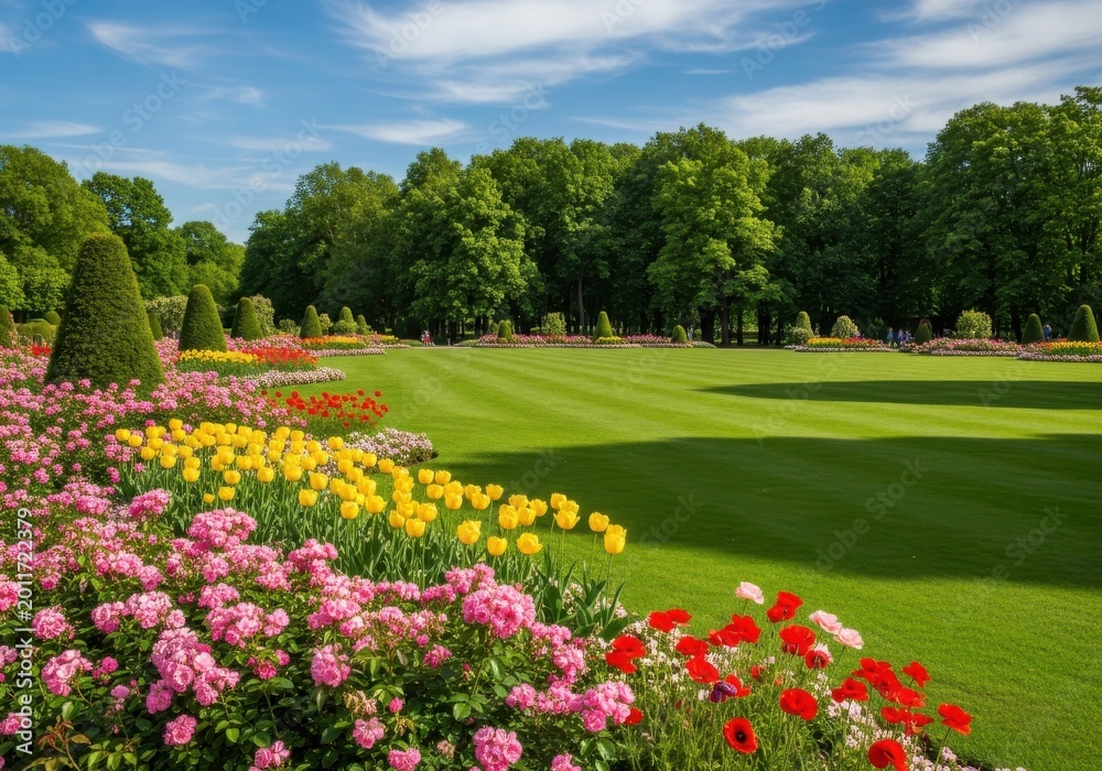Obraz premium Vibrant flower gardens decorate a meticulously manicured lawn in a lush park.