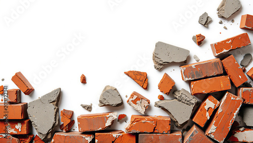 Broken red bricks and concrete rubble pile isolated on white background, illustration