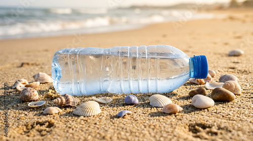 A water bottle placed on a sand beach with seashells around it