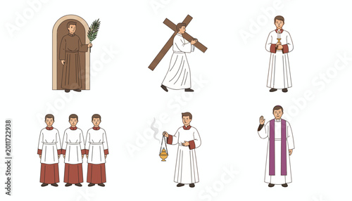 Photos Christian clergy, priest icons, religious symbols, white robes, 6 illustrations