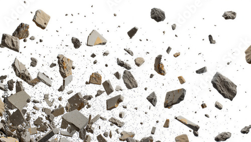 Small grey stone debris exploding in the air isolated on white background, illustration