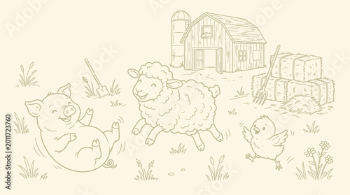 Photos Whimsical farm animals, including a pig, sheep, and chick, frolic near a barn and hay bales in a charming sketch
