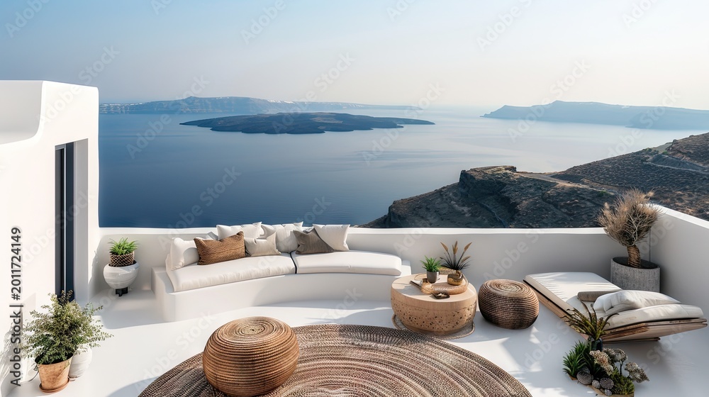 Naklejka premium Santorini Oasis: A Terrace With Breathtaking Aegean Views