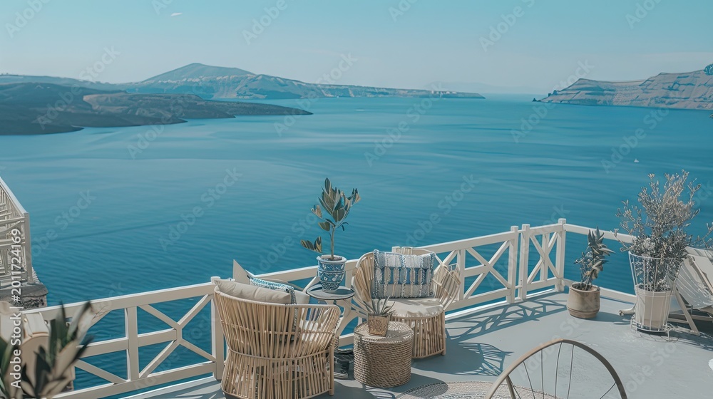 Naklejka premium Tranquil Terrace Overlooking the Aegean Sea