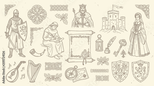 Canvas Print Vintage hand-drawn medieval elements set with knight, castle, king, queen, and heraldic symbols