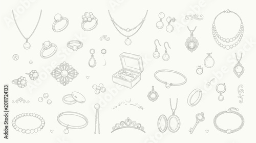 Schilderij op canvas A detailed illustration showcasing a wide variety of exquisite jewelry pieces, including necklaces, rings, earrings, bracelets, and tiaras, presented in a clean, line-art style
