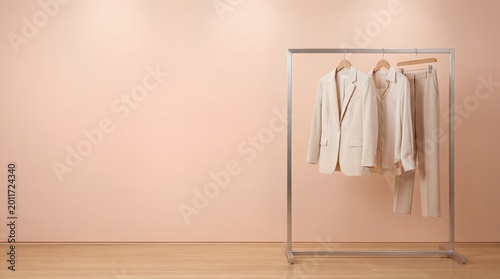 Beige Suit Hanging on Rack against Pastel Pink Wall with Copy Space