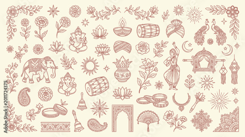 Cuadro en lienzo An intricate collection of Indian cultural motifs and symbols, including deities, animals, traditional attire, and decorative elements, rendered in a vintage, hand-drawn style