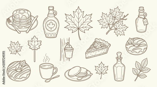 Quadro su tela A charming collection of hand-drawn illustrations featuring maple syrup, pancakes, donuts, pie, and maple leaves, evoking a cozy autumn theme