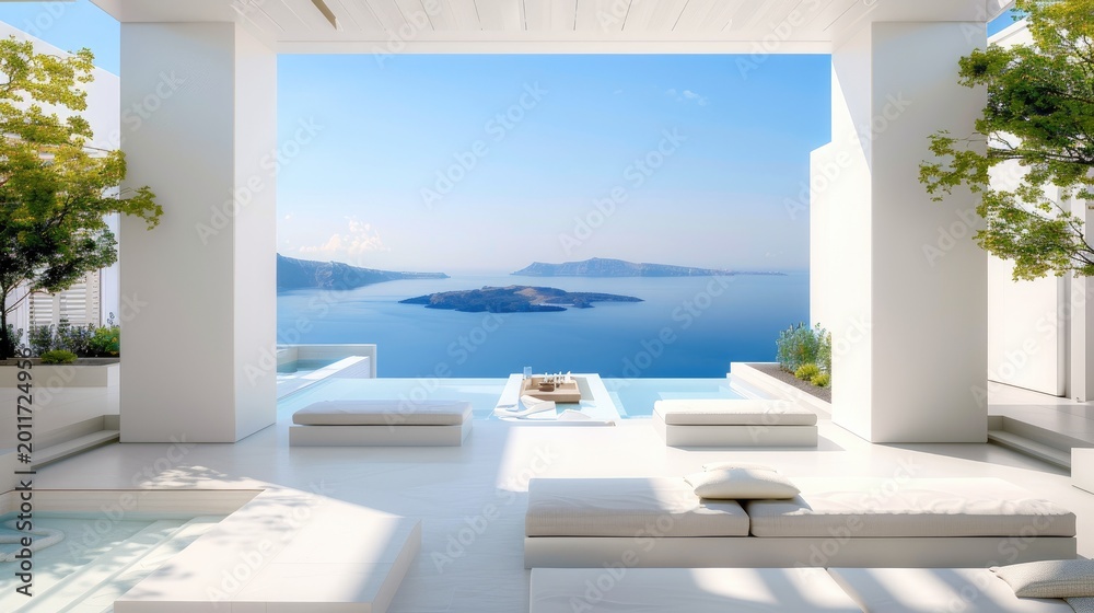 Naklejka premium Aegean Sea Oasis: Sun-Kissed Serenity on a Whitewashed Terrace
