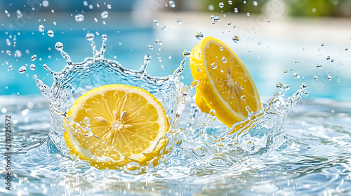 Lemon slices splashing on the water with water droplets around it refreshing summer theme