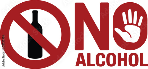 Foto Prohibition symbol indicating no alcohol, no alcohol restriction signage display, stop alcohol warning icon set, clean red circle ban symbol, minimal flat vector design for public safety