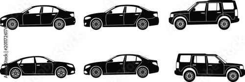 Collection of black car silhouettes featuring modern sedan and luxury SUV side view profiles for automotive design and icons