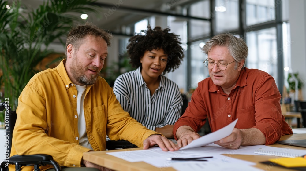 Fototapeta premium Diverse team collaborates on documents, including a wheelchair user in a meeting