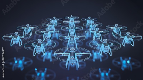 Swarm of futuristic digital wireframe drones flying in formation against a dark background