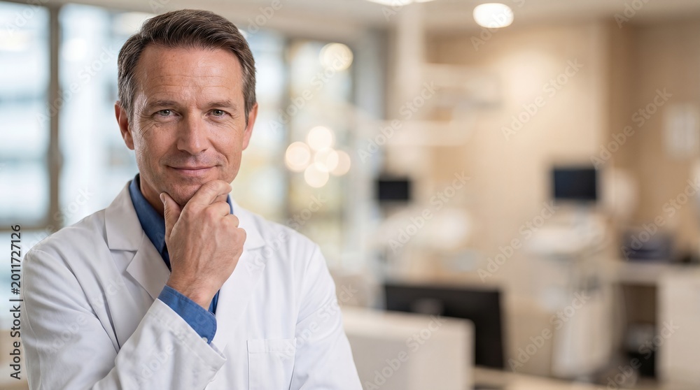 Naklejka premium Mature Male Doctor in White Coat with Hand on Chin in Modern Medical Clinic
