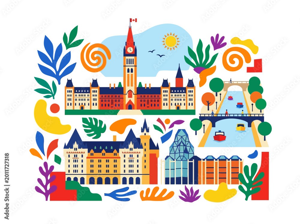 Naklejka premium Flat 2D vector illustration of Ottawa cityscape with Parliament Hill, canals, and colorful abstract shapes, representing Canadian culture and travel.