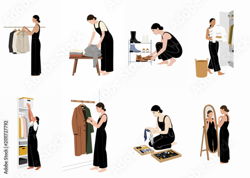 Collection of flat vector illustrations featuring a woman organizing her wardrobe, folding clothes, arranging shoes, and tidying her closet accessories.