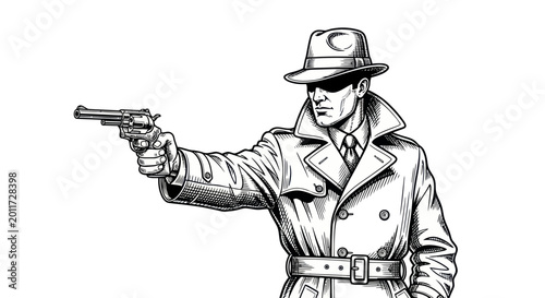 Photography Man in trench coat holding gun.