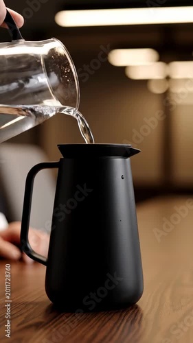 Professional service is highlighted by the careful pouring of water emphasizing quality care and guest satisfaction in restaurants hotels and high-end dining venues globally.
