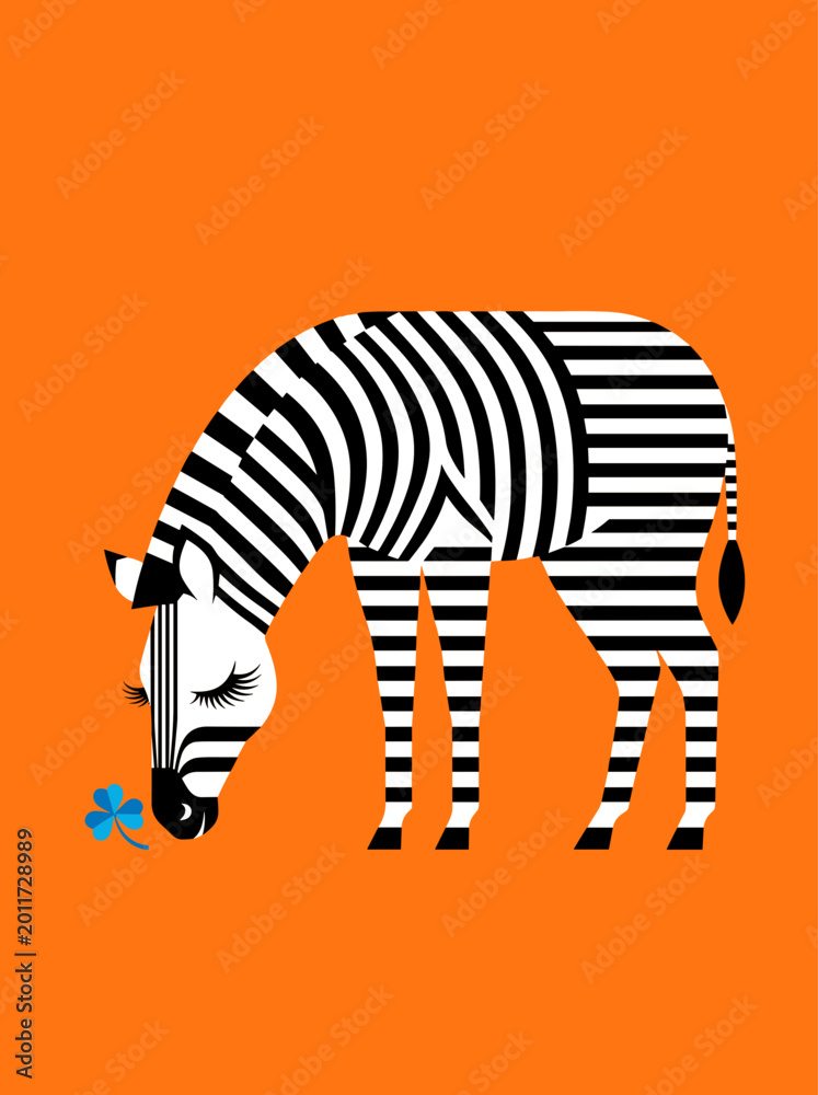 Fototapeta premium Stylized Zebra Smelling Flower Vector Illustration, Modern Geometric Pattern Animal Design, Artistic Zebra Silhouette on Orange Background
