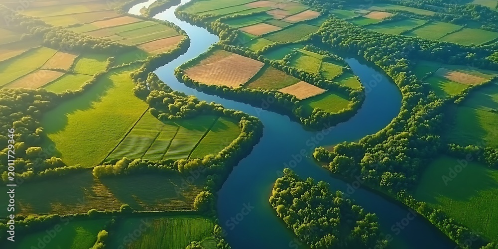 Fototapeta premium Aerial view of winding river flowing through green agricultural fields and forests.
