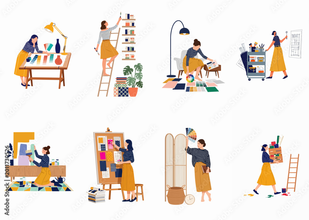 Naklejka premium Set of illustrations featuring a female interior designer working on various home decoration and renovation projects in her studio.