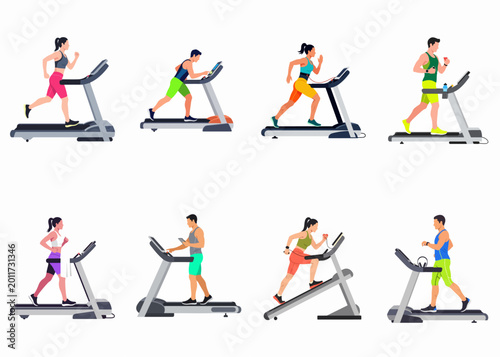 Foto Vector set of men and women exercising on treadmills, featuring running, walking, and incline walking for fitness and cardio training illustrations