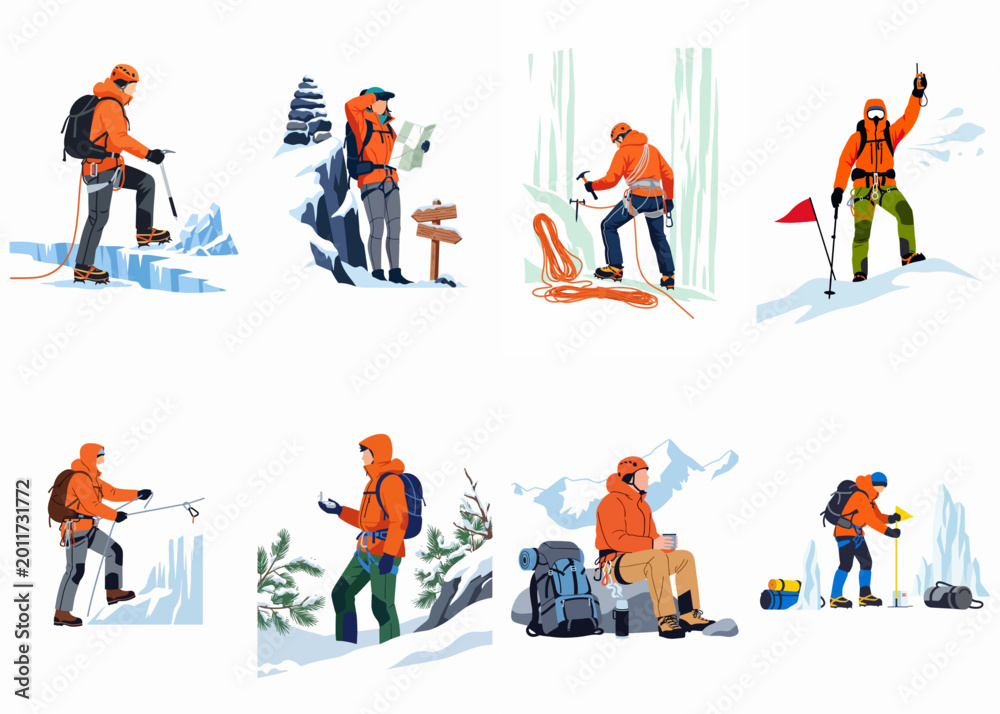 Fototapeta premium Flat vector illustrations of mountaineers and ice climbers engaged in various activities like navigating, climbing, and resting in a snowy mountain environment.