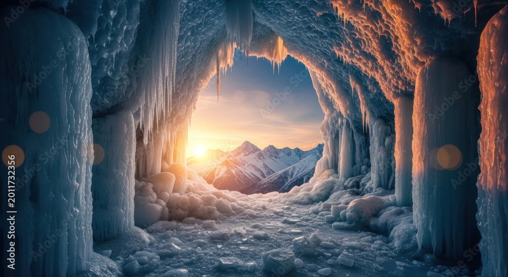 Fototapeta premium Glacial ice cave with frozen formations and sunset