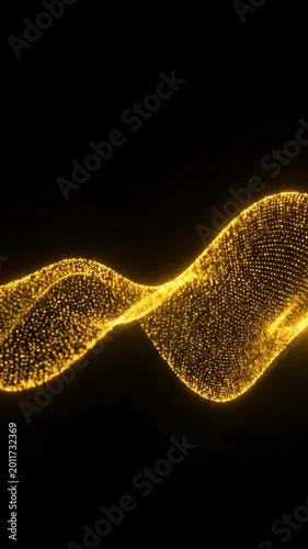 Golden particle waves swirl across dark background creating mesmerizing visual effects perfect for motion graphics projects and digital art exhibitions worldwide today.