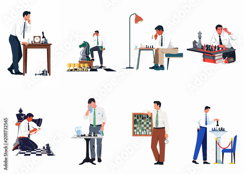 Schilderij op canvas Set of eight flat illustrations of businessmen playing and analyzing chess, representing business strategy, competition, and tactical thinking