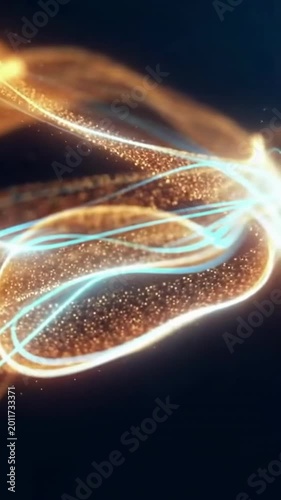 Golden particles flow along curved paths creating mesmerizing light trails ideal for digital backgrounds and creative presentations demanding elegant visual effects.