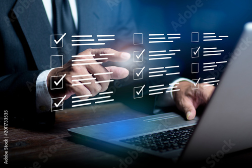 Business performance checklist, Online survey and digital checklist form, user interaction with form filling and ticking boxes, take an assessment, questionnaire, evaluation, online survey